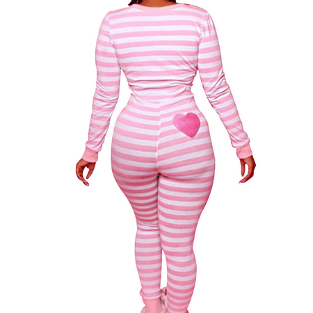 

Xingqing Women Striped One Piece Pajamas Union Suit Underwear Set Long Sleeve Romper Jumpsuit Sleepwear M