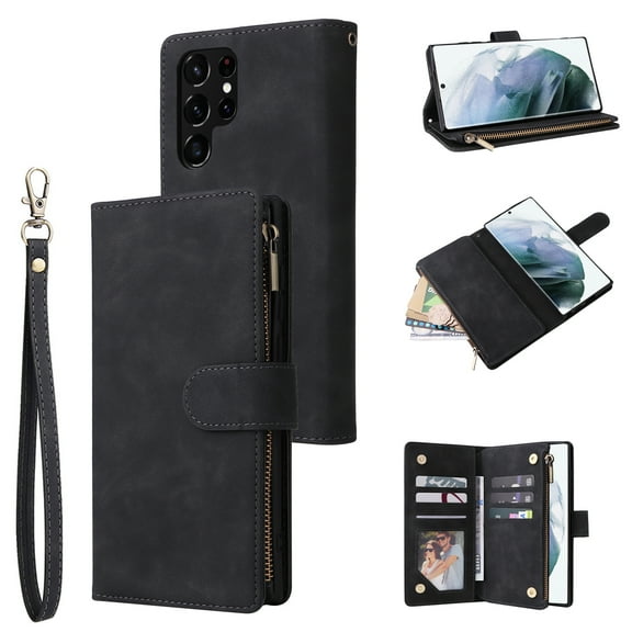 Zipper Wallet Case for Samsung Galaxy S22 Ultra with Large Capacity Card Slots Holder Flip Folio Cover, Premium PU Leather Magnetic Clasp Wrist Strap Kickstand Soft Silicone Shockproof Case,Black