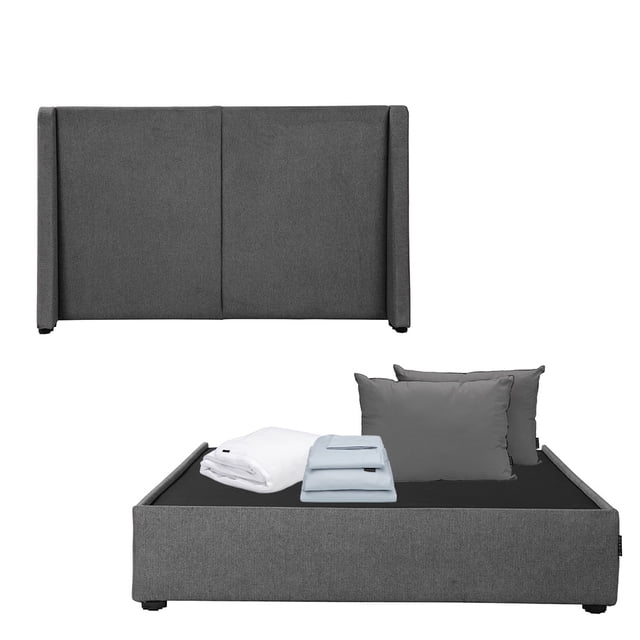 Box Base Cama Matrimonial + Cabecera Milan Gris + Almohada 2Pack + Protector Cloud + Sabanas Softy
