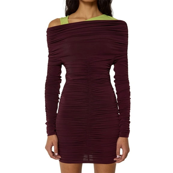 Women'S Fall Winter Elegant Solid Color Off-Shoulder Hip Dress Long Sleeve Pleated Slim Party Mini Dress Wine Red S