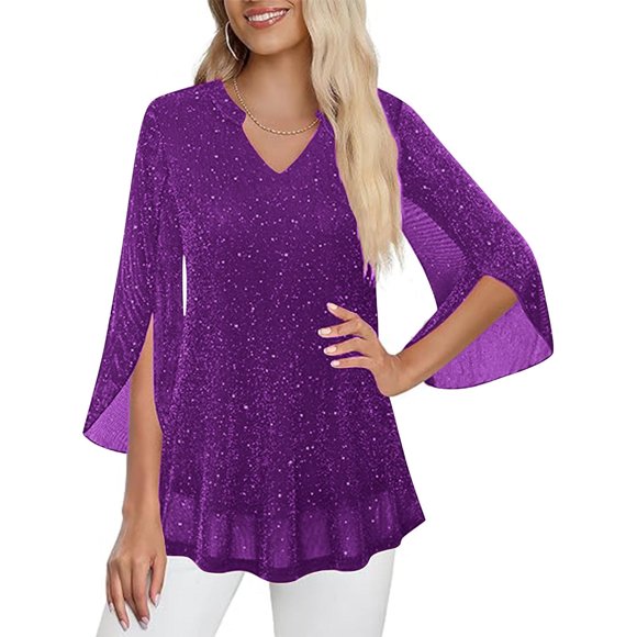 AUNVITO Women's Gold Foil V-Neck Mesh 3/4 Sleeve Party Blouse with Sheer Elegance and Shimmering Glamour