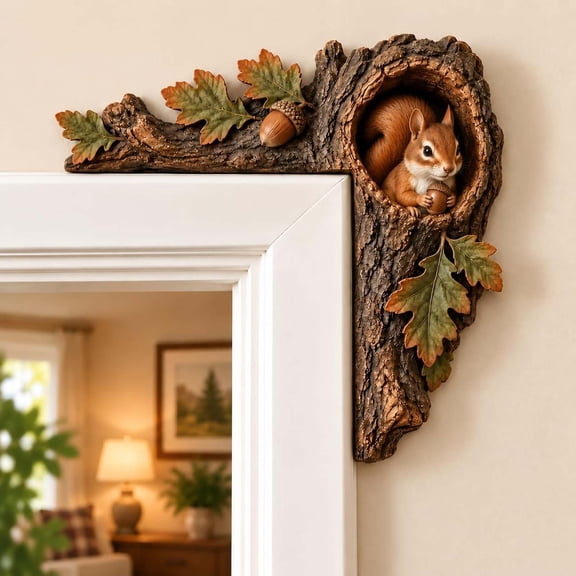 LOWLHOME Chipmunk Tree Hollow Door Topper, 7.87 Inch Wooden Tree Hollow Animal Sculpture with Oak Leaves & Acorn, Farmhouse Door Topper for Window Frame Home Wall Decoration