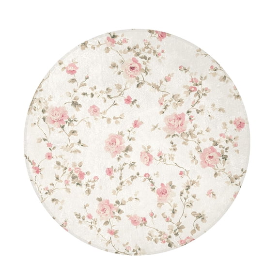 BZSMCE Pink Floral Pattern Round Fluffy Area Rug 32.2in Non-Slip Circular Shaggy Rug