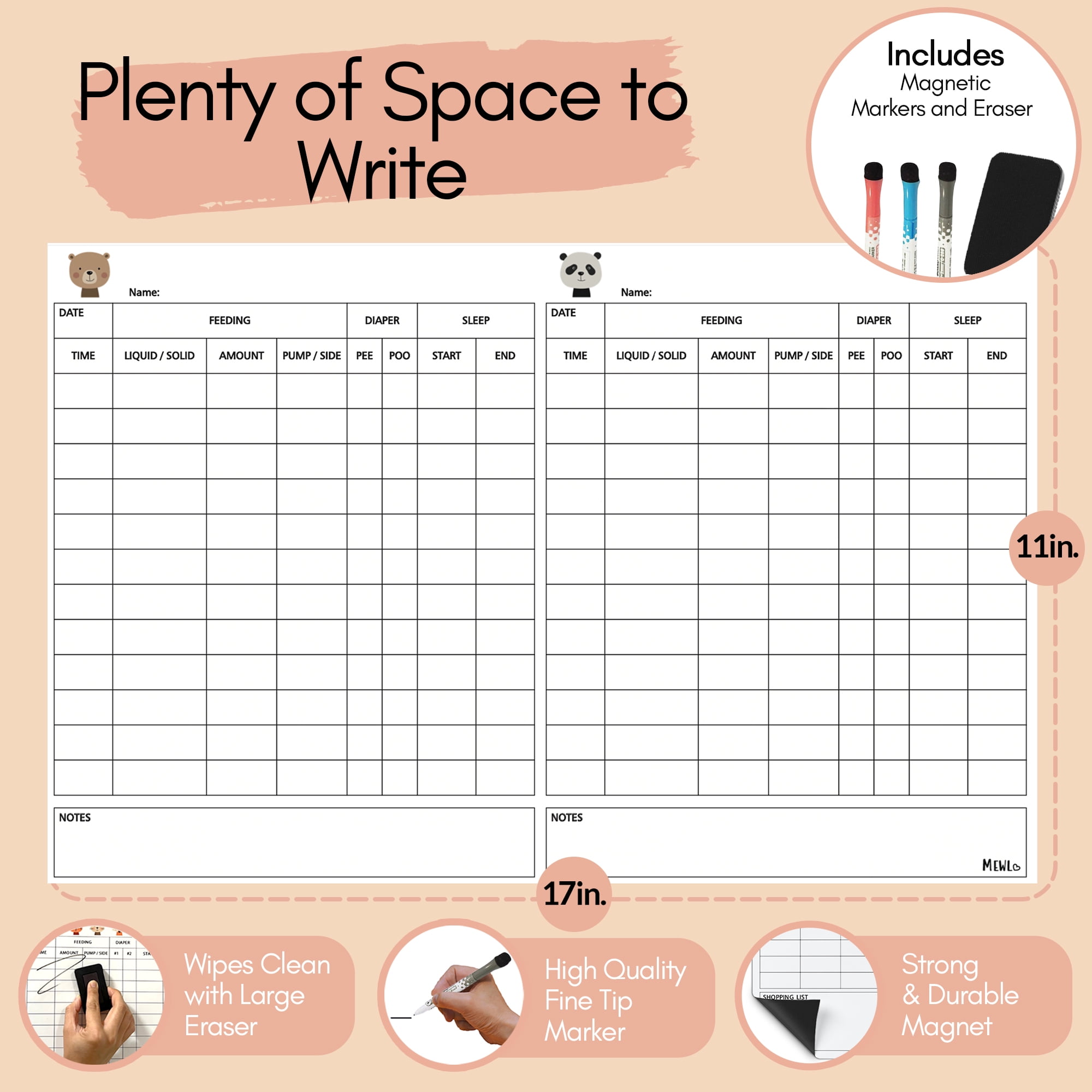 Mewl Twins Daily Log Whiteboard - Reusable Baby Tracker Dry Erase Board to Log Feedings, Diapers & Sleep 17 x 11 Inches