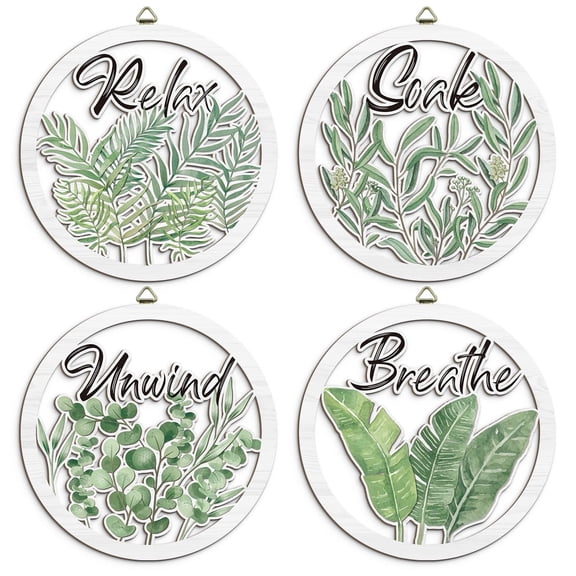TOARTi Boho Wood Wall Art Green Botanical Nature Leaf Cutout Relax Soak Unwind Breath Wall Sign Set of 4 For Living Room Bedroom Office 10x9 Inch