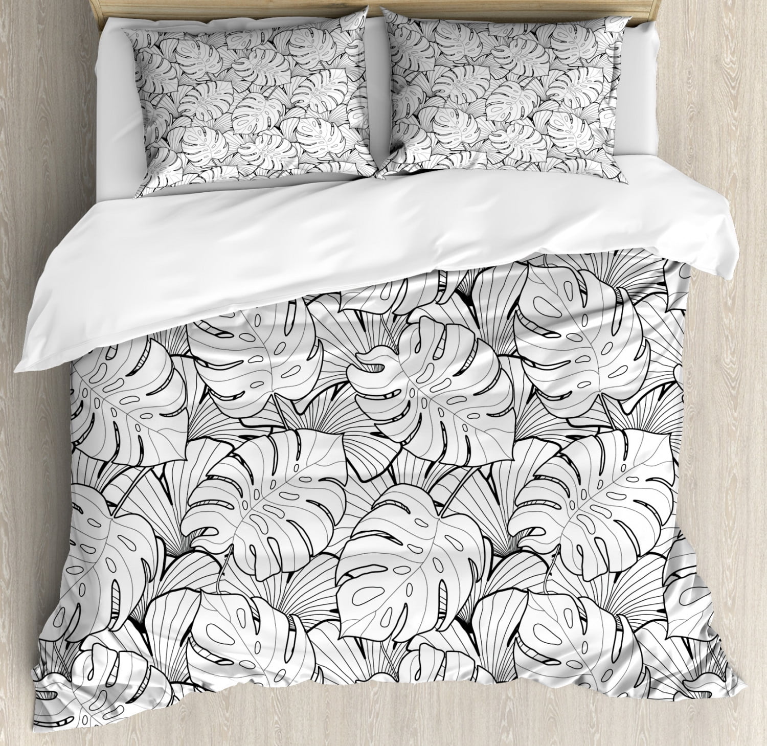 Black and White Duvet Cover Set King Size, Palm Tree Leaves Subtropical