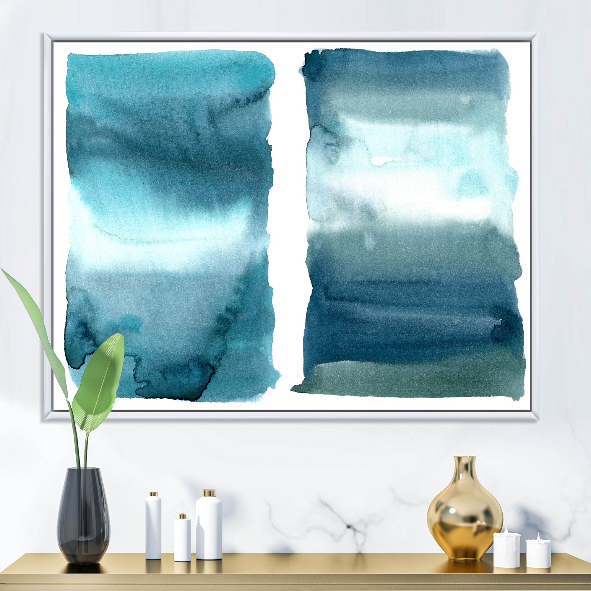 Abstract Impression Ocean Blue Aquatic I 32 in x 24 in Framed Painting Canvas Art Print, by Designart
