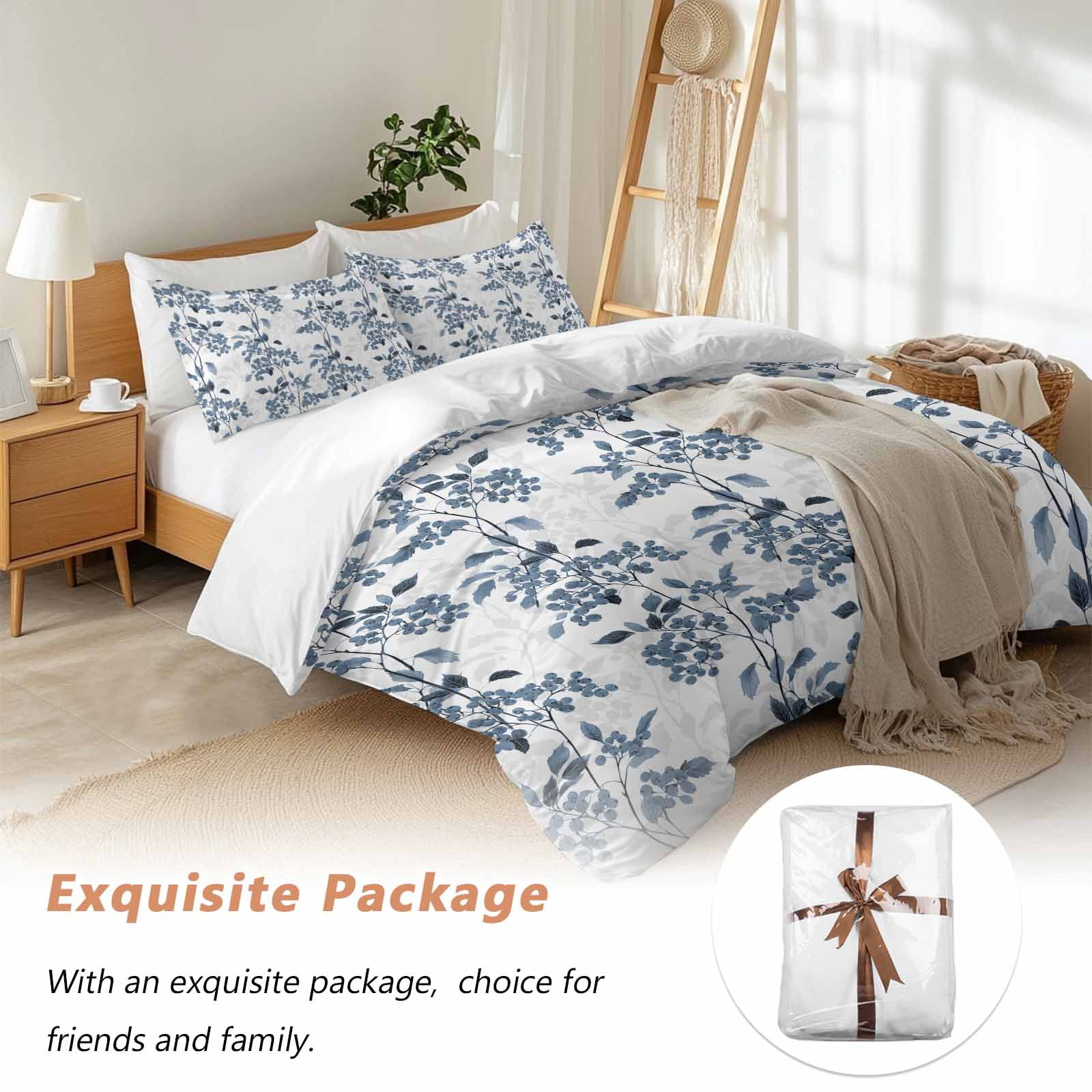 Blue Fruit Bedding 3 Piece Duvet Cover Set California King, Vintage Plant Nature Botanical Flower Floral Soft Microfiber Comforter Cover with Zipper Closure & Pillowcases, FadeResistant Quilt Cover