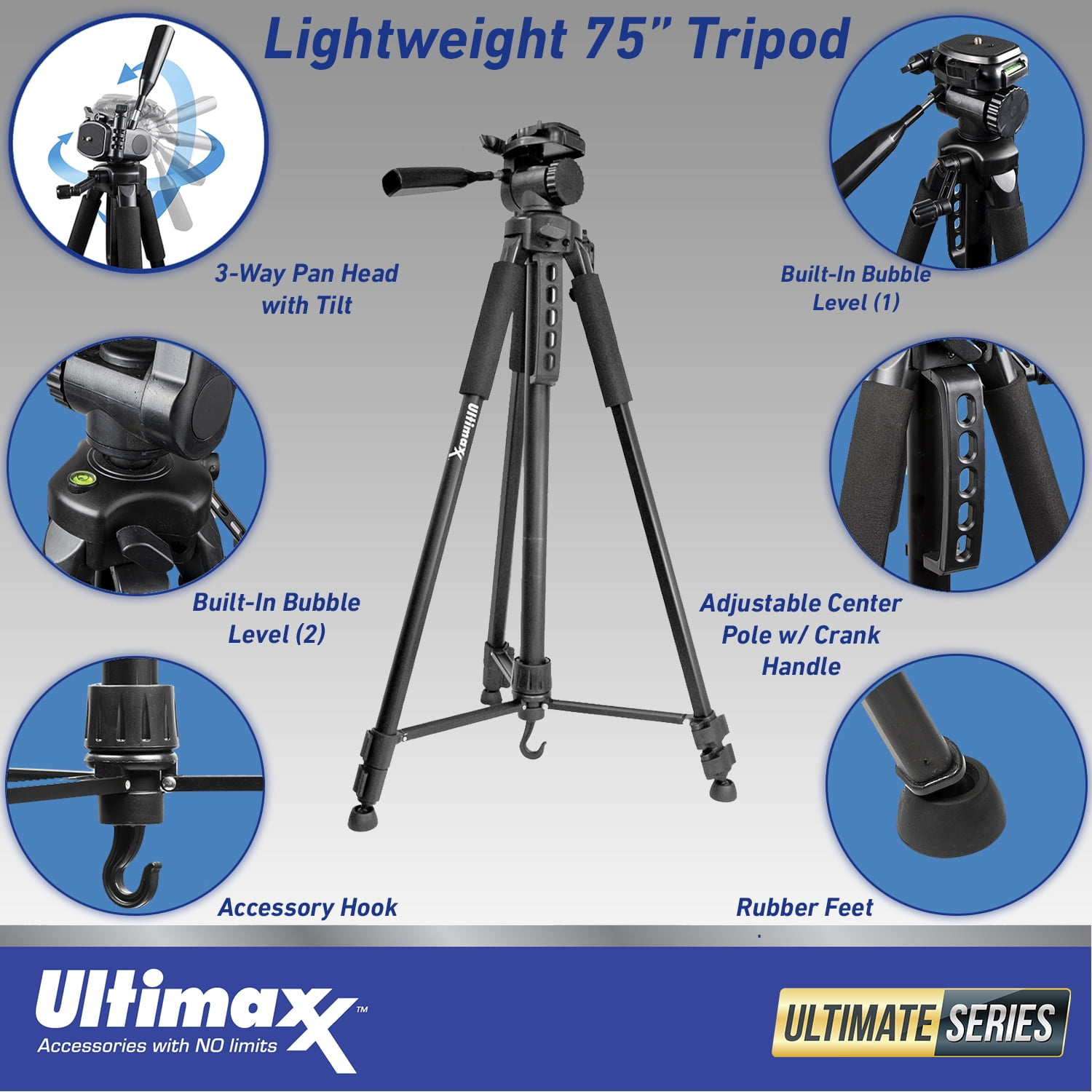 Ultimaxx 75" Lightweight Portable Aluminum Alloy Tripod with Carrying Case (Black)