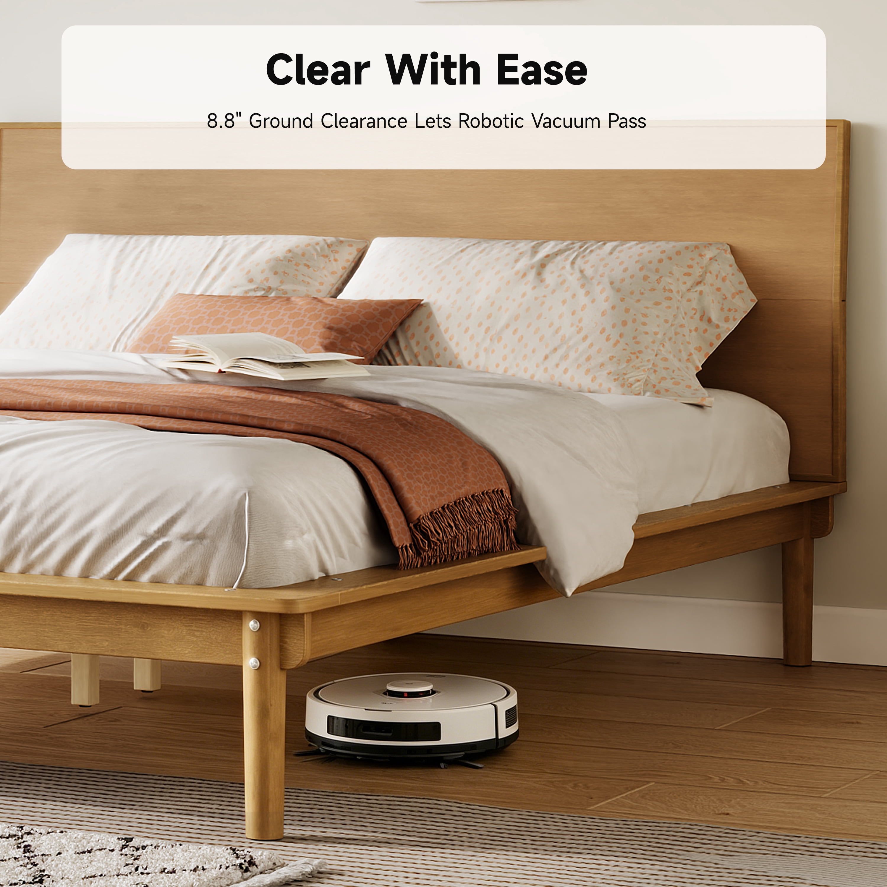 Euroco Wood Mid-Century Queen Bed, Low Profile Platform Bed Frame with Subtly Angled Headboard, Widened Side Rails, No Box Spring Needed, Natural