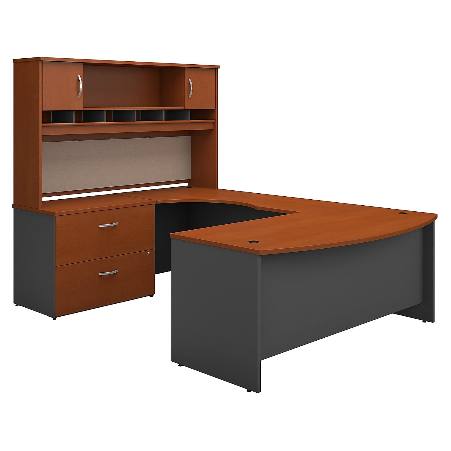 Bush Auburn Maple 72W x 36D Bowfront Desk in LH UStation w Hutch and