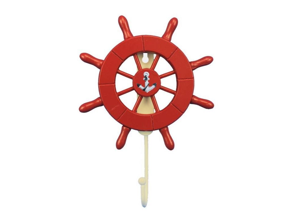 Handcrafted Nautical Decor Red Decorative Ship Wheel with Hook 6 Wooden Ships Wheel Boat Steering Whe 