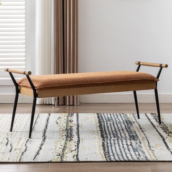 Guyou Upholstered Bench with Arms and Metal Legs, Brown