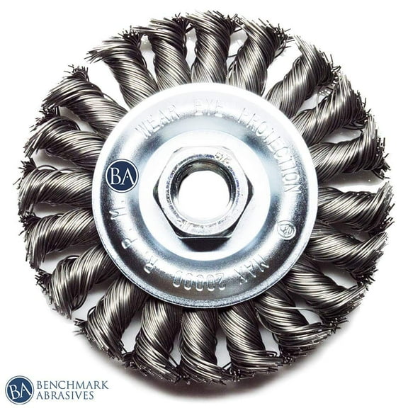 Benchmark Abrasives 4" x 1/2" Standard Twist Knot Wire Wheel With 5/8"-11 Thread, for Weld Cleaning, Weld Spatter Removal, Deburring, Use With Angle Grinders - Carbon Steel (4" x 1/2")
