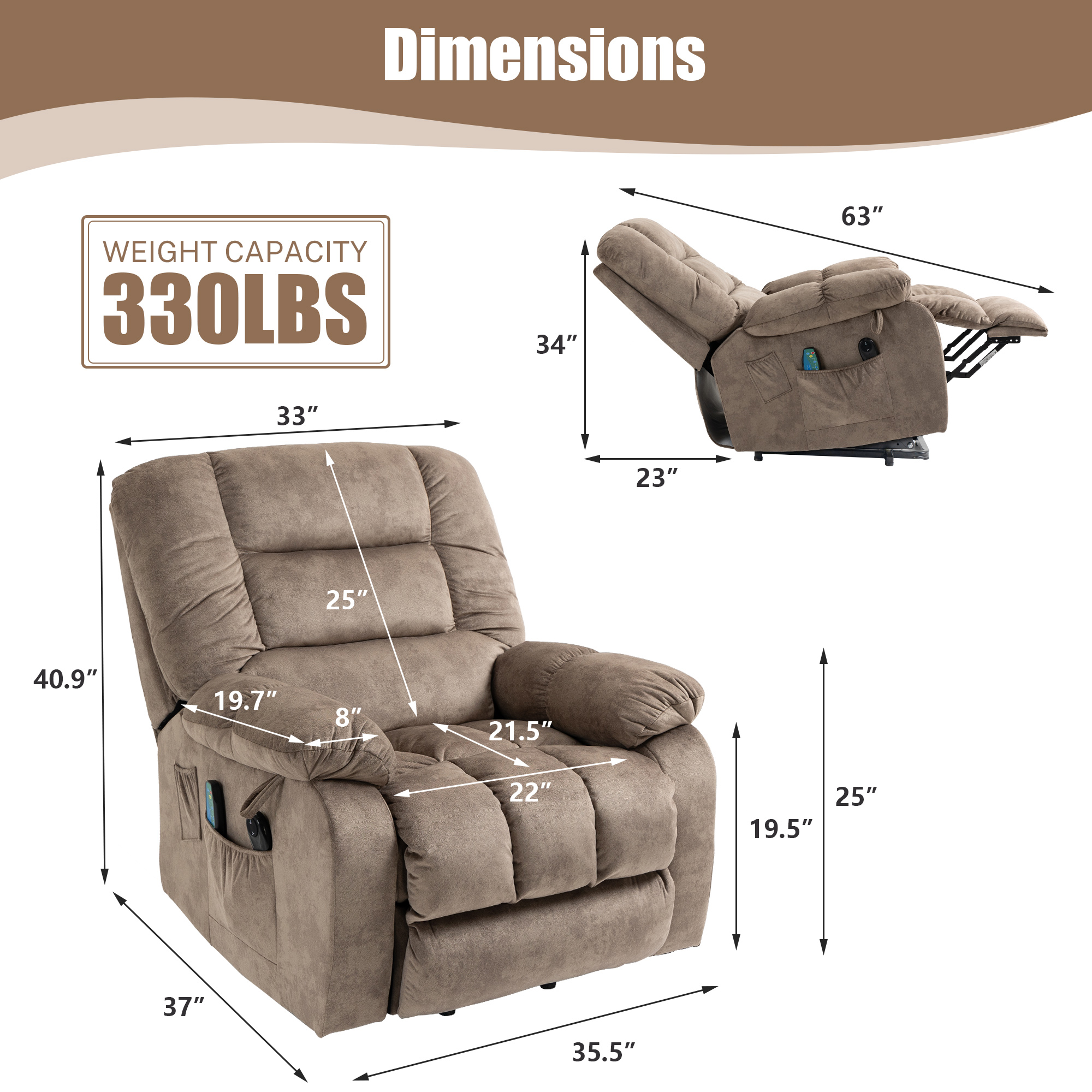 EMONIA Push Back Recliner Armchair with Heating and Massage for Mom&Wife  with Extended Footrest, Fabric Wingback Recliner Chairs with Thick Seat