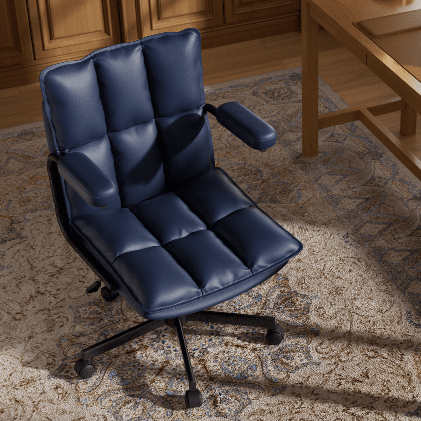 Genpo Blue Office Chair, Mid Century Modern Leather Desk Chair with Arms, Wheels, Thickend Back and Seat, Adjustable Height, Vintage Computer Chair for Home, Office