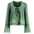 thumbnail image 5 of vigerkar Women Tie Front Long Sleeve Top Lace Trim Button Shirt Scoop Neck Loose Blouse Going Out Y2k Clothes Green, L, 5 of 7