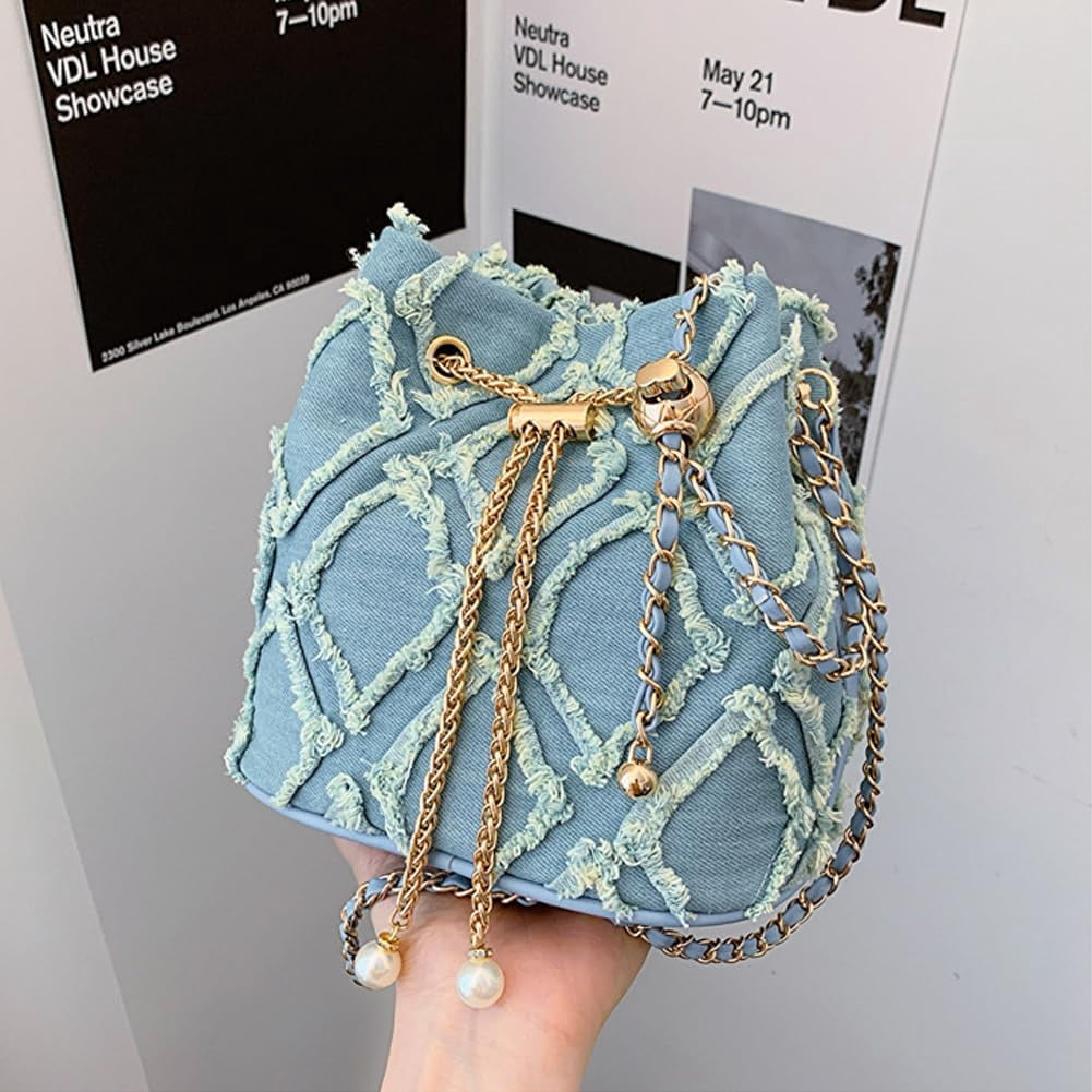 CoCoMangos Small Denim Bucket Bag, Jean Purses for Women Denim Crossbody Bags Hobo Bag Drawstring Handbag