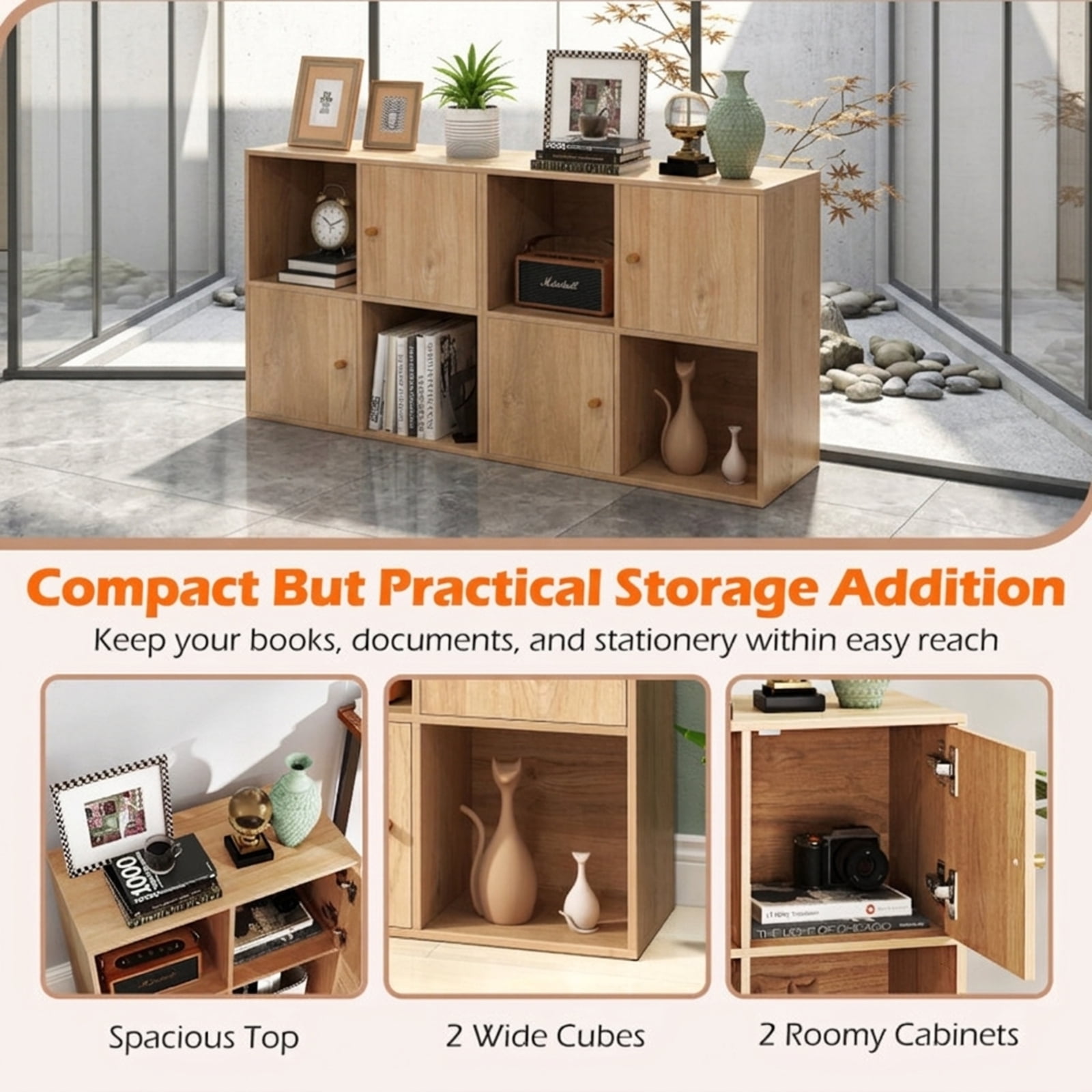 Furnibear 4-Cube 3-Tier Bookcase with 2 Cabinets Dual Anti-Tipping Kits and Metal Knobs for Living Room and Home Office, Natural