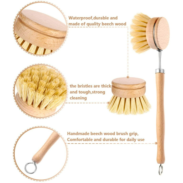 Classic Dish Washing Brush Natural Scrub Brush with 2 Pieces Beechwood  Replacement Brush Heads Replacement Brush Refill for Kitchen Room Cleaning