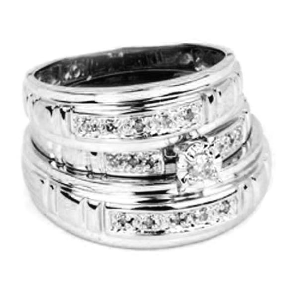 0.17 Carat (ctw) 10K Gold Round White Diamond Men & Women's Engagement Ring Trio Bridal Sets