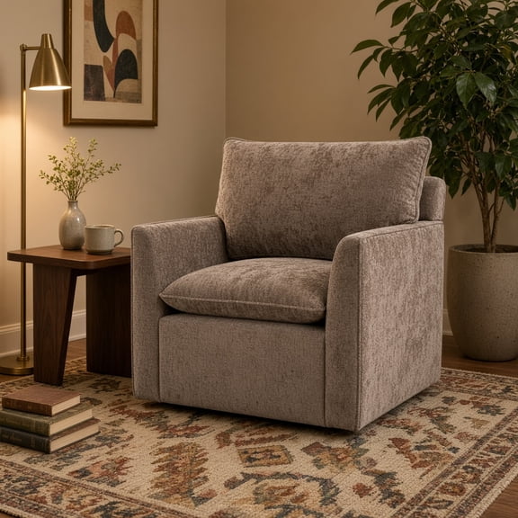 360° Swivel Accent Chair, Comfy Single Square Sofa Armchair with Chenille Fabric & Metal Base, Upholstered Club Chair for Living Room Bedroom Reading Room, Brown