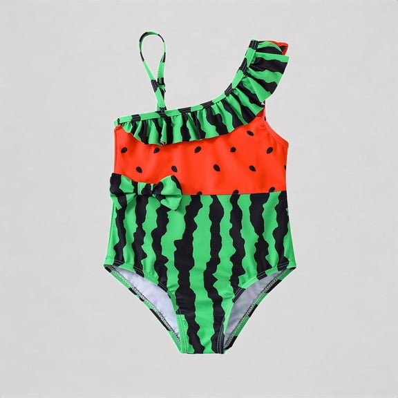 REDARER Toddler Girls' One-Piece Swimsuit – Watermelon Print Ruffled Design, One-Shoulder Strap, Cute Summer Beach Pool Bathing Suit,3-4 Years