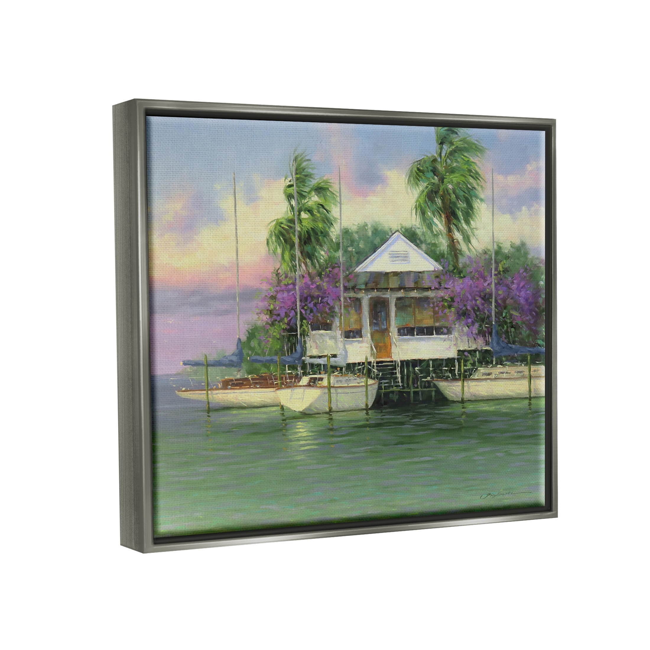 Coastal Boat Dock Tropical Palms Landscape Painting Luster Gray Framed Art Print Wall Art