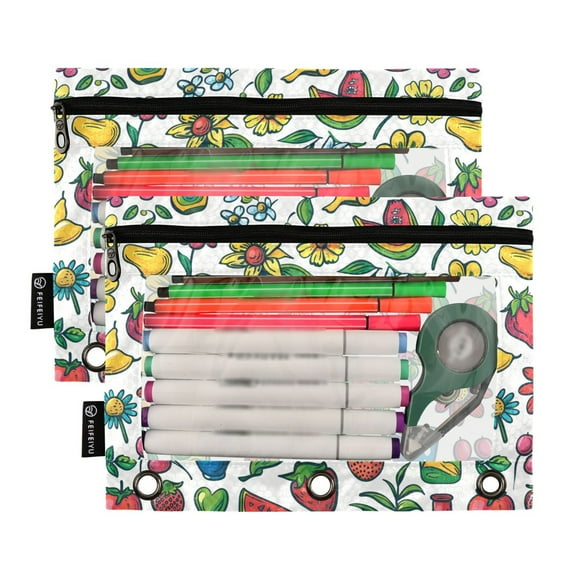 2 Pack Pencil Pouch for 3 Ring Binder Smooth Zipper Folders with Pockets Clear Window Pencil Case Flower and Fruits