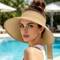 thumbnail image 6 of Women Wide Brim Ponytail Beach Hat Straw Sun Visor Hat UPF 50 UV Protection Packable Foldable Open Top Floppy Beach Hat with Ribbon for Summer Travel Gardening Khaki Free Size, 6 of 7