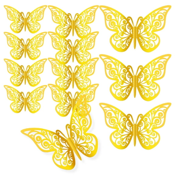 WEUVEB 12Pcs Butterfly Wall Decals in Golden Paper Material for Easy Application and Removal