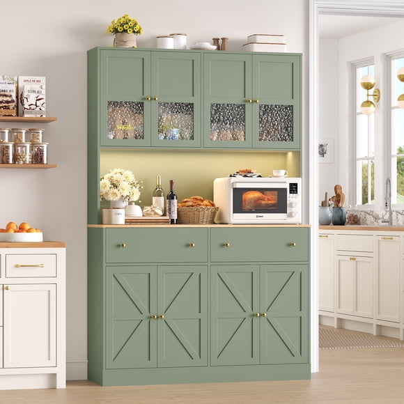 Homfa 71" Tall Kitchen Pantry Cabinet with LED Lights & Charging Station, MDF Freestanding Storage Cupboard with 8 Doors 2 Drawers, Buffet Cabinet with Storage for Dining Living Room, Green