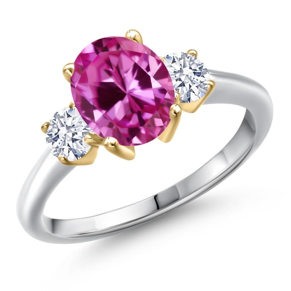 Gem Stone King 10K Two Tone Gold Pink Created Sapphire and White Zirconia Engagement Ring for Women | 1.50 Cttw | Oval 9X7MM | Gemstone September Birthstone | Size 8