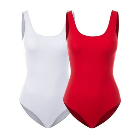 Women s Scoop Neck Sleeveless Stretch Cotton Bodysuit Tank Top - 2Pack