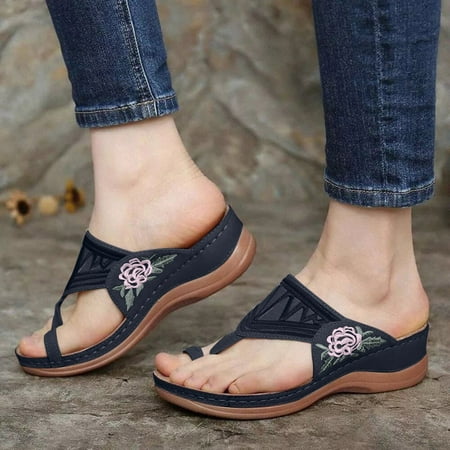 

Women Shoes Large Size Embroidered Buckle Clip finger Comfortable Wedge Heel Female Sandals Black 9