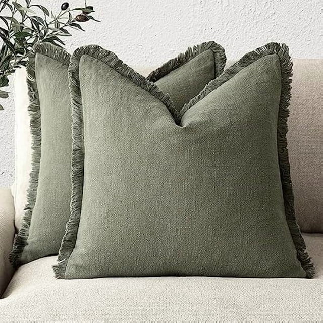Chenchen Set of 2 Decorative Linen Fringe Throw Pillow Covers Cozy Farmhouse Boho Cushion Cover with Tassels Soft Accent Pillowcase for Couch Sofa Bed Living Room Home Decor 20×20 Inch Olive Green