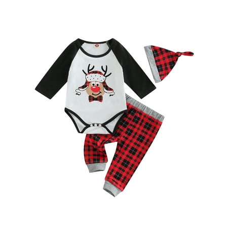 

Christmas Newborn Baby Boys Girls 3pcs Outfit Long Sleeve Romper Plaid Pants and Hats Clothes Sets
