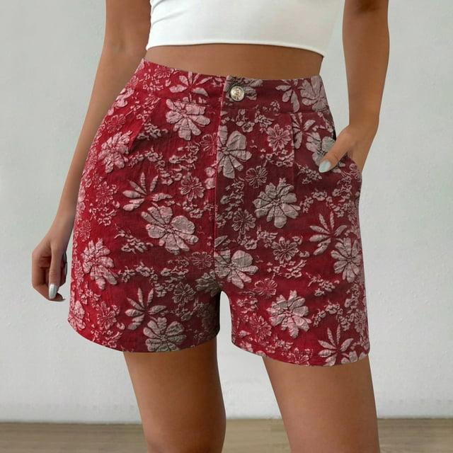 LOVZFMLL Women'S Casual Textured Retro High-Waisted Straight Shorts Wine M