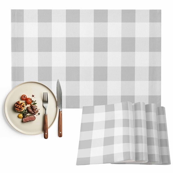 Gray White Plaid Placemats Set of 4, Checkerd Pattern Table Mats Washable Heat-Insulation Non-Slip Place Mats for Kitchen Dinner Table Indoor Outdoor Decor,13x19 Inch