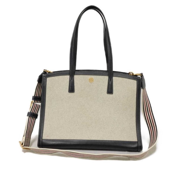 Pre-Owned Tory Burch Walker Large Canvas Satchel Tote Bag in Navy Calfskin with... (Good)