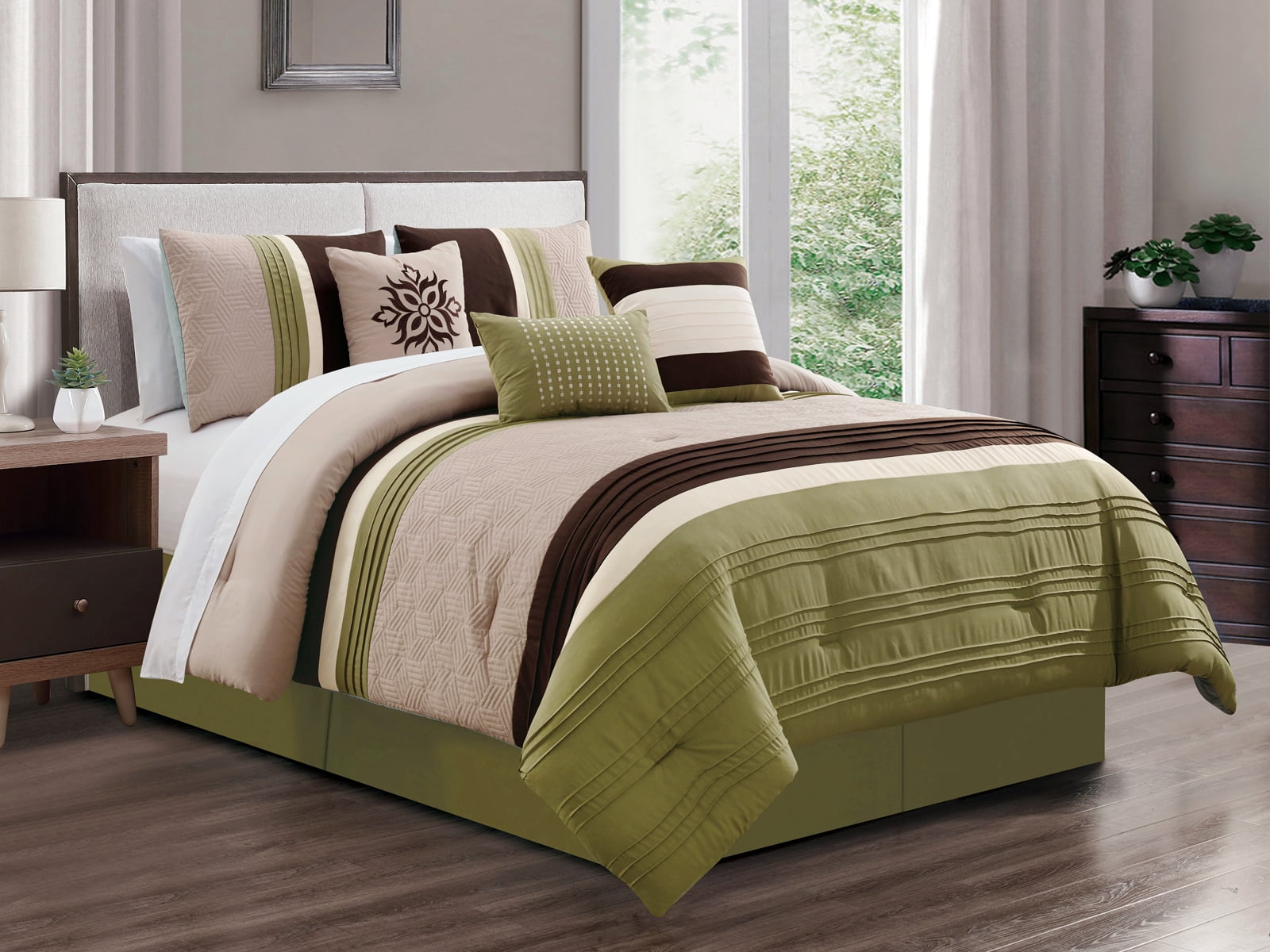 BEAUTIFUL MODERN ELEGANT CHIC SAGE GREEN IVORY BROWN GEOMETRIC COMFORTER SET