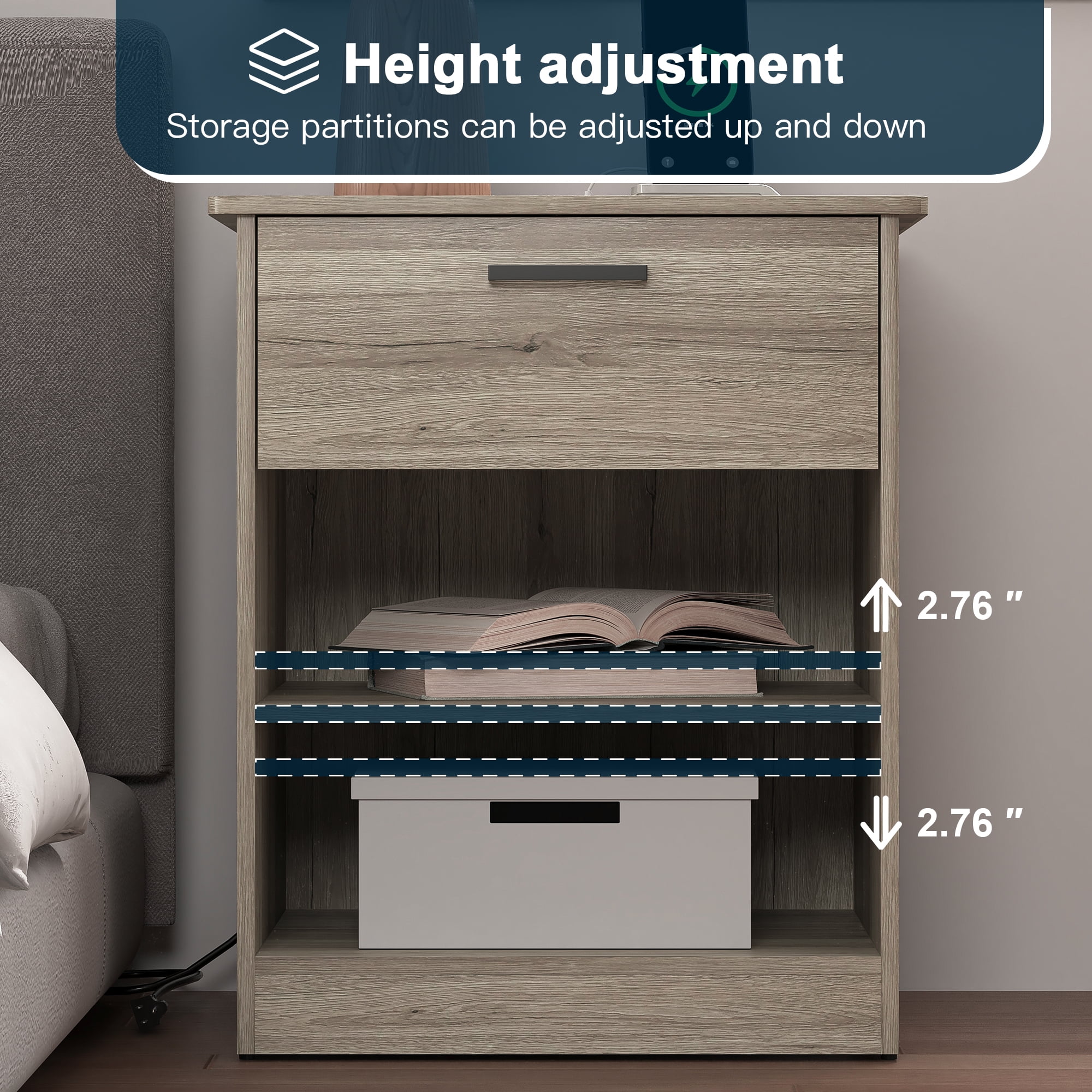 Demi Bonn 18.9" Side Table with Fast Charging Station USB C Cable Fast Charging, Wood End Table Nightstand with Drawer and Shelf for Living Room, Gray