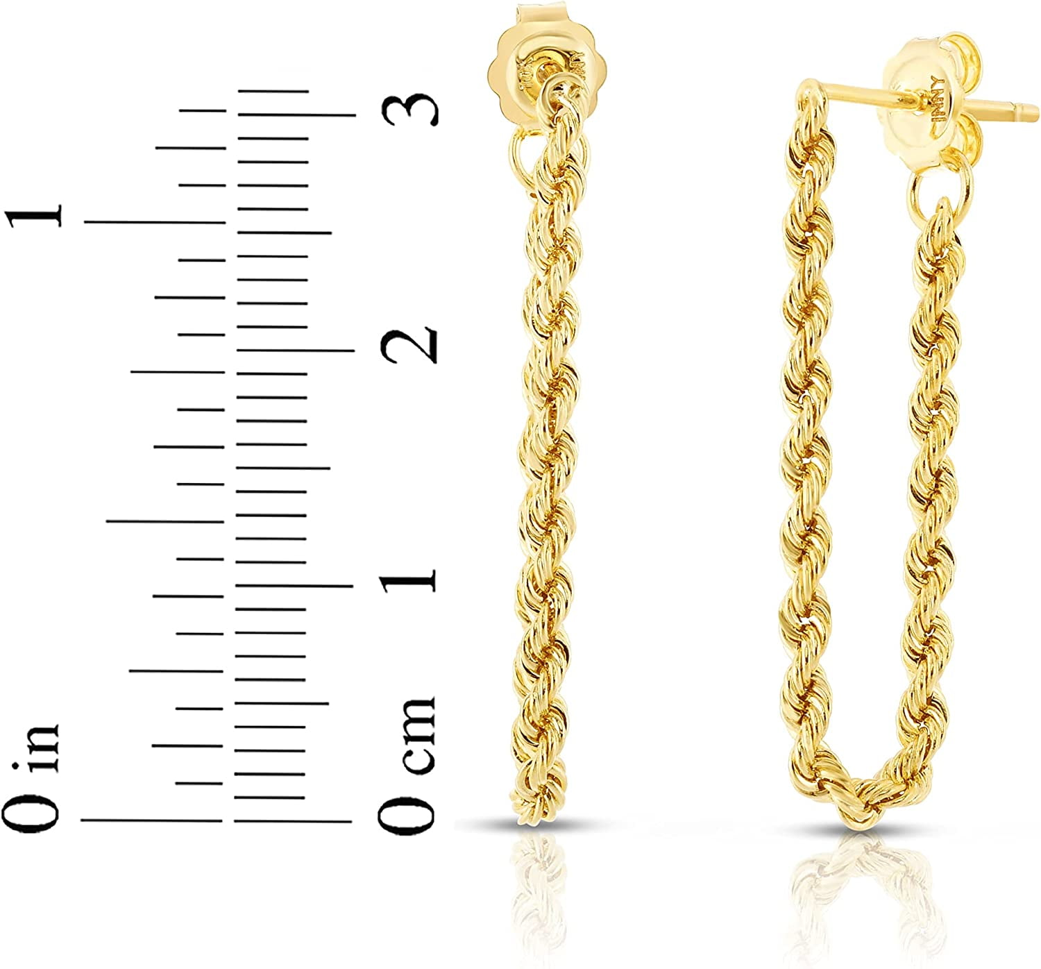 10k Yellow Gold 2.2mm Rope Chain Drop Earrings, Length: 1.2"