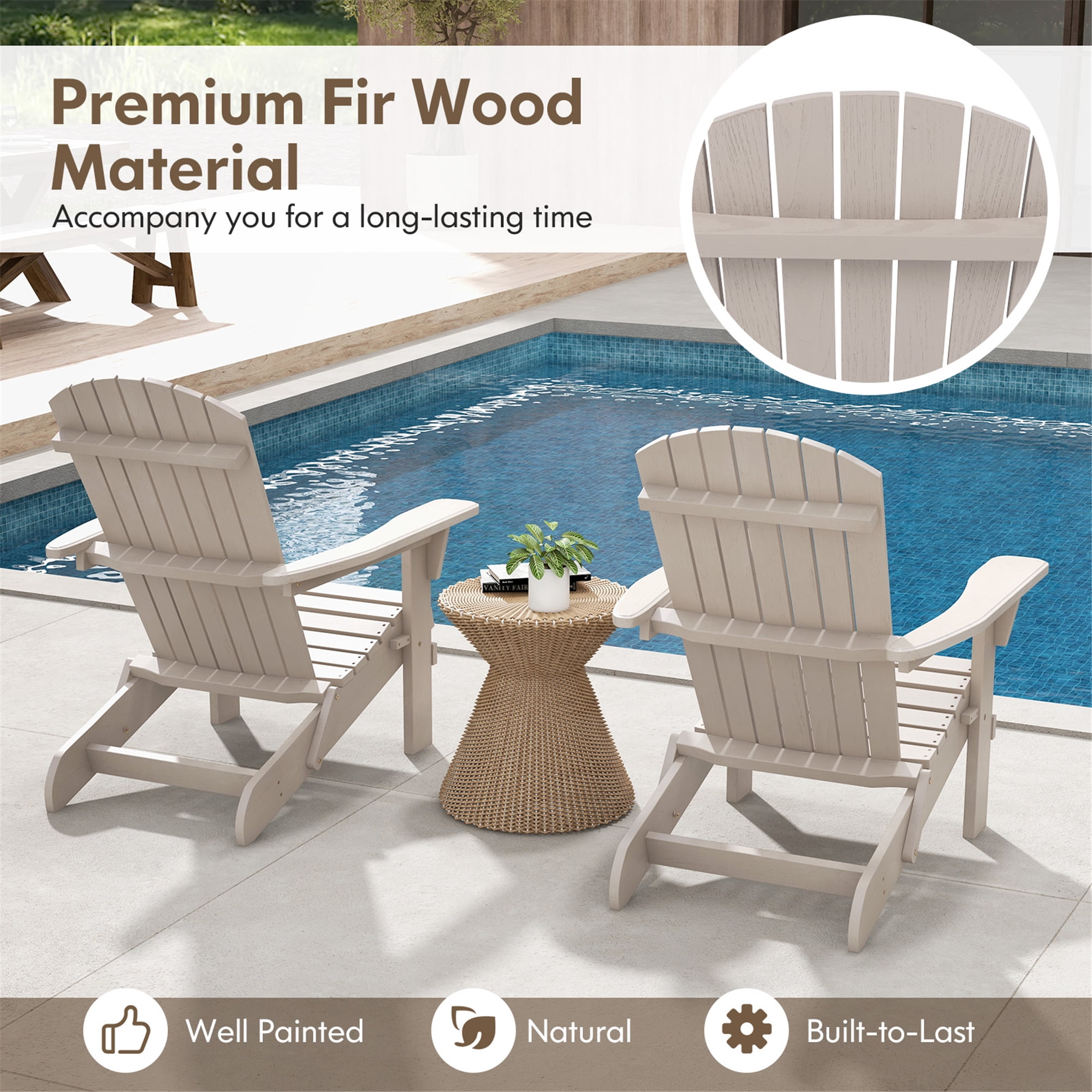 Gymax Folding Adirondack Chair Set of 2 w/ High Backrest & Wide Armrests Wooden Gray
