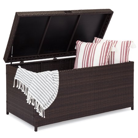 Outdoor Storage For Cushions Best Choice Products Outdoor Wicker Patio Furniture Deck Storage Box w/ Safety Pneumatic Hinges, Deep Bed for Cushions, Pillows, Pool Accessories - Brown ()
