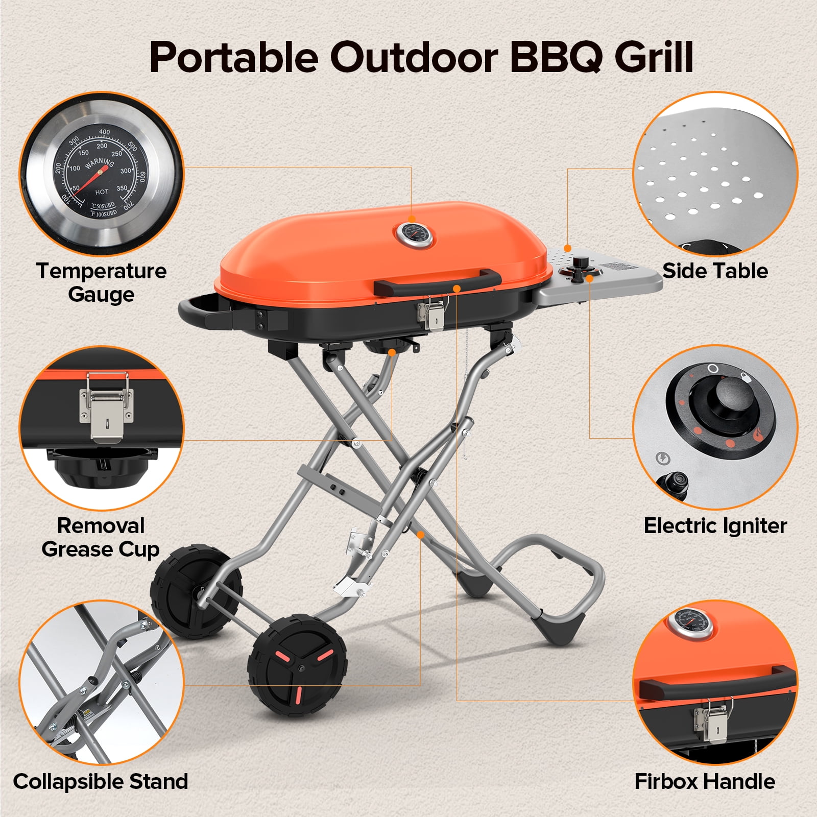 LHRIVER Portable 348 sq.in Stand-Up Propane Grill, 15000 BTU Folding Gas Grill Cart with Side Table & 2 Wheels for Camping, Patio, Orange