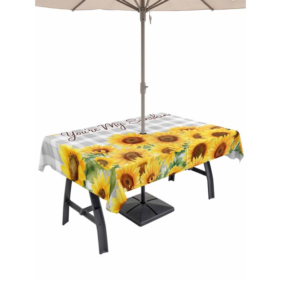 Outdoor Tablecloth with Umbrella Hole for Patio/Picnic/Party/Camping, Yellow Sunflowers Waterproof Table Cloth Rectangle Table Cover Washable, Summer Floral Elegant Pastoral Checkered (52"x 70")