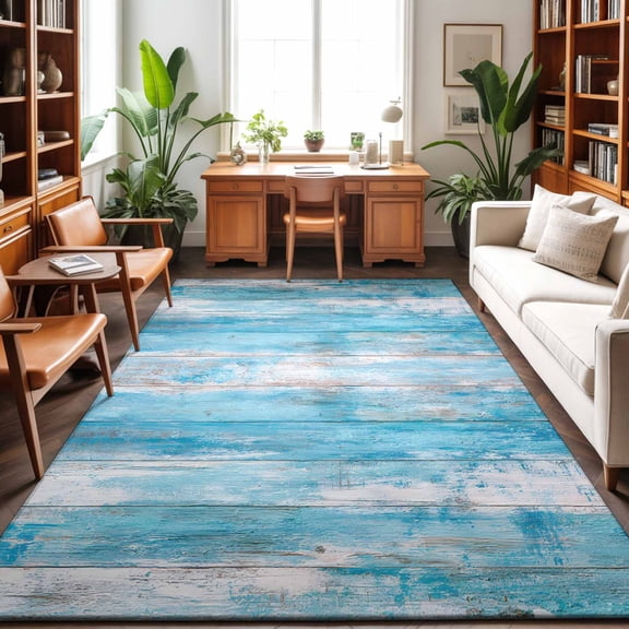 5'x7' Area Rugs, Distressed Wood Indoor Outdoor Area Rug for Living Room Bedroom, Coastal Blue Shabby Ocean Planks Washable Bathroom Rugs Kitchen Floor Carpet Mats Home Decor Aesthetic