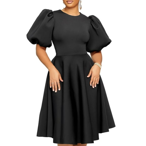 Elegant V Neck Pleated Midi Dress Balloon SleeveLong Summer Dresses for Women