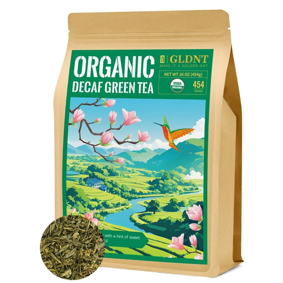GLDNT Organic Decaf Green Tea, Organic Decaffeinated Green Tea Loose leaf, Delicate & Smooth Flavor, 16oz